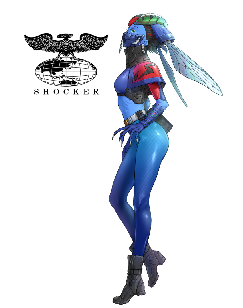 1girl abugomes arthropod_girl belt belt_buckle black_boots black_hair blue_pants blue_skin boots buckle colored_skin commentary cyborg earrings eidenjyou1997 english_commentary from_side genderswap genderswap_(mtf) green_eyes head_wings highres insect_wings jewelry kamen_rider kamen_rider_(1st_series) logo monster_girl multicolored_hair pants proboscis red_hair shocker_(kamen_rider) simple_background solo streaked_hair white_background white_belt wings