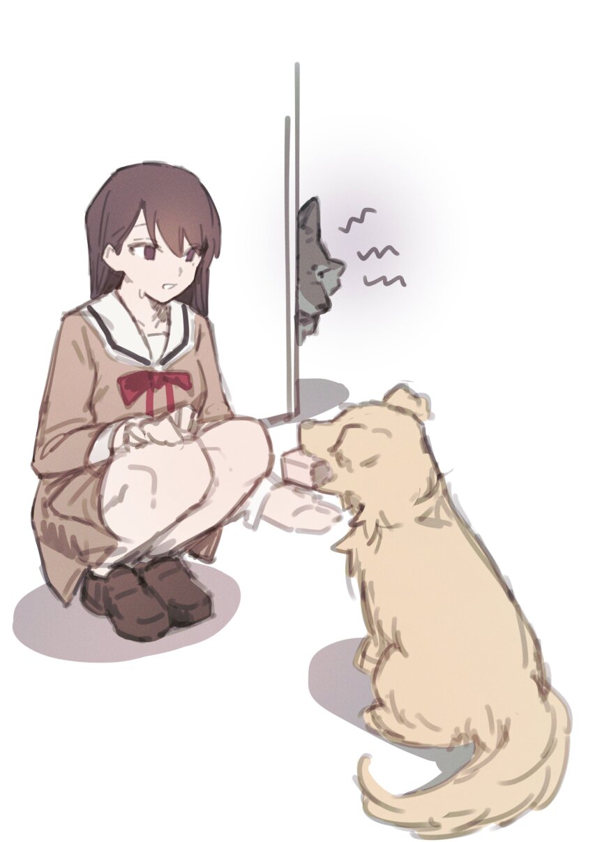 1girl absurdres animalization bang_dream! bang_dream!_it&#039;s_mygo!!!!! brown_dress brown_hair carton commentary dog dress hanasakigawa_school_uniform hashtag-only_commentary highres long_hair misumi_uika nats_(d0ughnats) open_mouth purple_eyes red_ribbon ribbon sailor_collar sailor_dress school_uniform shiina_taki simple_background solo squatting sweatdrop white_background white_sailor_collar yahata_umiri