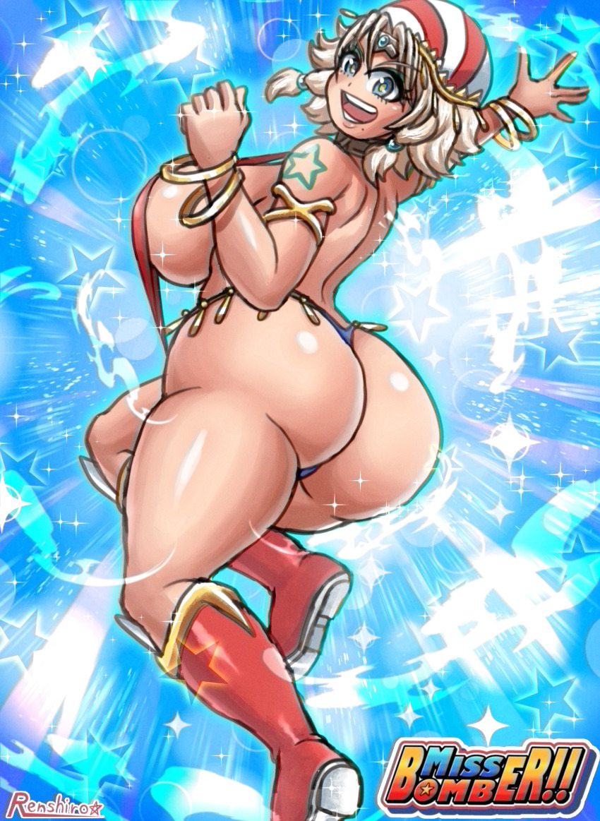 1girl 2021 absurdres arm_tattoo arm_up armlet artist_name ass bikini blonde_hair blue_eyes blush boots bracelet breasts censored character_name circlet collar commentary emphasis_lines eyeshadow female_focus floating full_body glowing groin hair_intakes hair_ornament hat highres huge_ass huge_breasts jewelry looking_at_viewer low-tied_sidelocks lying makeup miss_bomber!! miss_bomber_(character) mole mole_under_mouth mosaic_censoring navel o-ring o-ring_bikini on_side open_mouth original outdoors revealing_clothes shiny_skin short_hair sideboob sidelocks slingshot_swimsuit smile solo sparkle star_(symbol) striped_clothes striped_headwear superhero_costume sweat swimsuit tattoo thick_thighs thighs tonshirou_(christar) transformation tsurime wide_hips