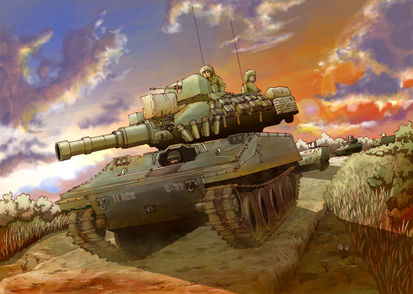 3boys armored_personnel_carrier armored_vehicle assault_gun cloud day earasensha evening flower gun_shield m113 m551_sheridan male_focus military military_vehicle motor_vehicle multiple_boys shield sky tank