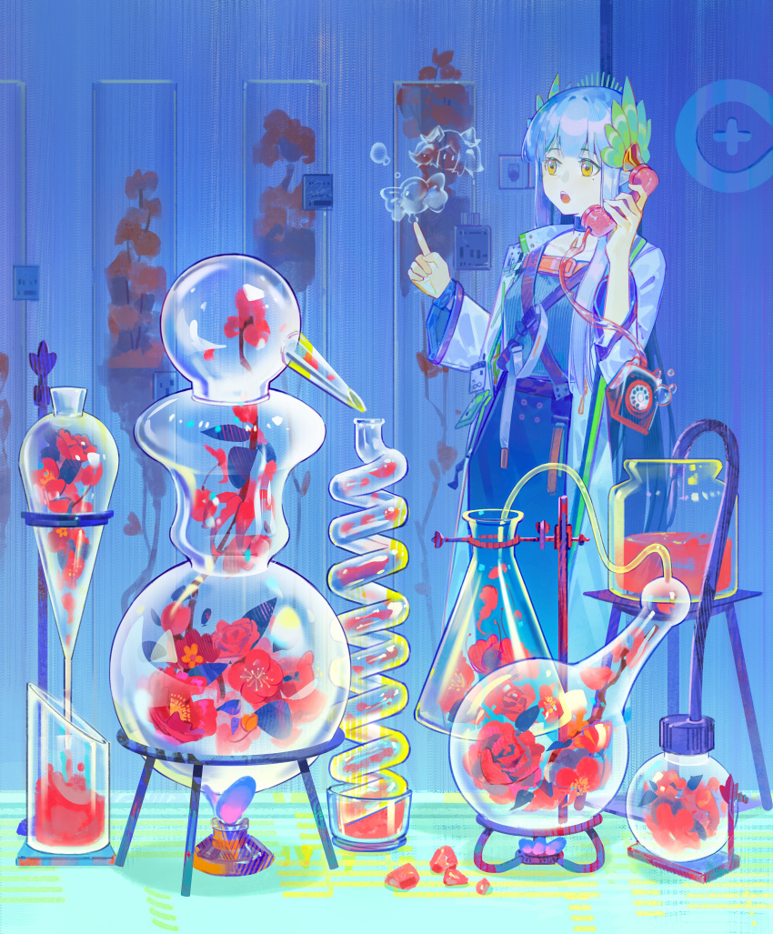 1girl absurdres antique_phone arknights coat commentary corded_phone erlenmeyer_flask flask flower funnel_(tool) glass_container highres holding holding_phone index_finger_raised lab_coat laboratory laurel_crown long_hair looking_ahead lyuqiu mole mole_under_eye muelsyse_(arknights) open_clothes open_coat orange_eyes phone red_flower rhine_lab_logo rotary_phone solo teeth upper_teeth_only very_long_hair white_coat