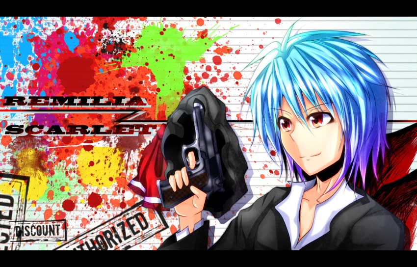 1girl bad_id bad_pixiv_id blue_hair character_name contemporary female_focus finger_on_trigger gun handgun hat unworn_hat unworn_headwear letterboxed pandora-ex pistol remilia_scarlet short_hair smile solo touhou weapon