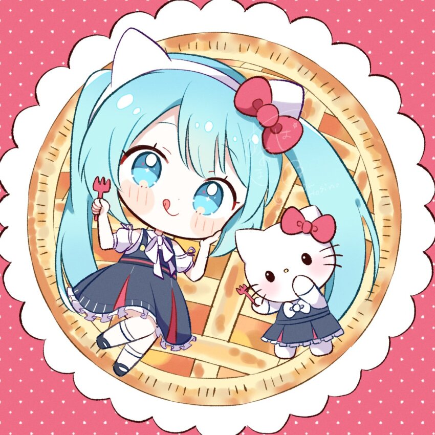 1girl animal_ear_hairband animal_ears aobahosino aqua_bow aqua_bowtie aqua_eyes aqua_hair black_shoes blue_dress blush bow bowtie cat_ear_hairband cat_ears chibi dress fake_animal_ears food fork full_body hair_bow hair_ornament hairband hatsune_miku hello_kitty hello_kitty_(character) holding holding_fork long_hair looking_at_viewer pie pizza project_sekai puffy_short_sleeves puffy_sleeves red_bow sanrio shoes short_sleeves smile solo tongue tongue_out twintails very_long_hair vocaloid white_bow white_hairband
