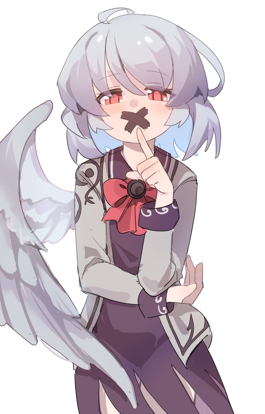 1girl absurdres ahoge bow bowtie dress feathered_wings grey_hair grey_wings gumingdi_ban highres index_finger_raised jacket kishin_sagume long_sleeves looking_at_viewer open_clothes open_jacket purple_dress red_bow red_bowtie red_eyes short_hair simple_background single_wing solo touhou white_background wings