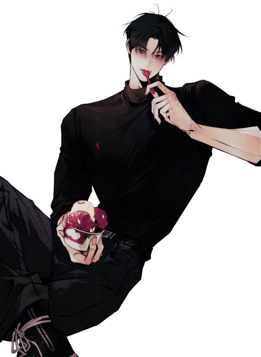 1boy belt black_belt black_eyes black_hair black_pants black_shirt closed_mouth doo0boo0 feet_out_of_frame food highres holding holding_food holding_ice_cream ice_cream long_sleeves looking_at_viewer male_focus original pants parted_bangs shirt short_hair simple_background solo utensil_in_mouth white_background