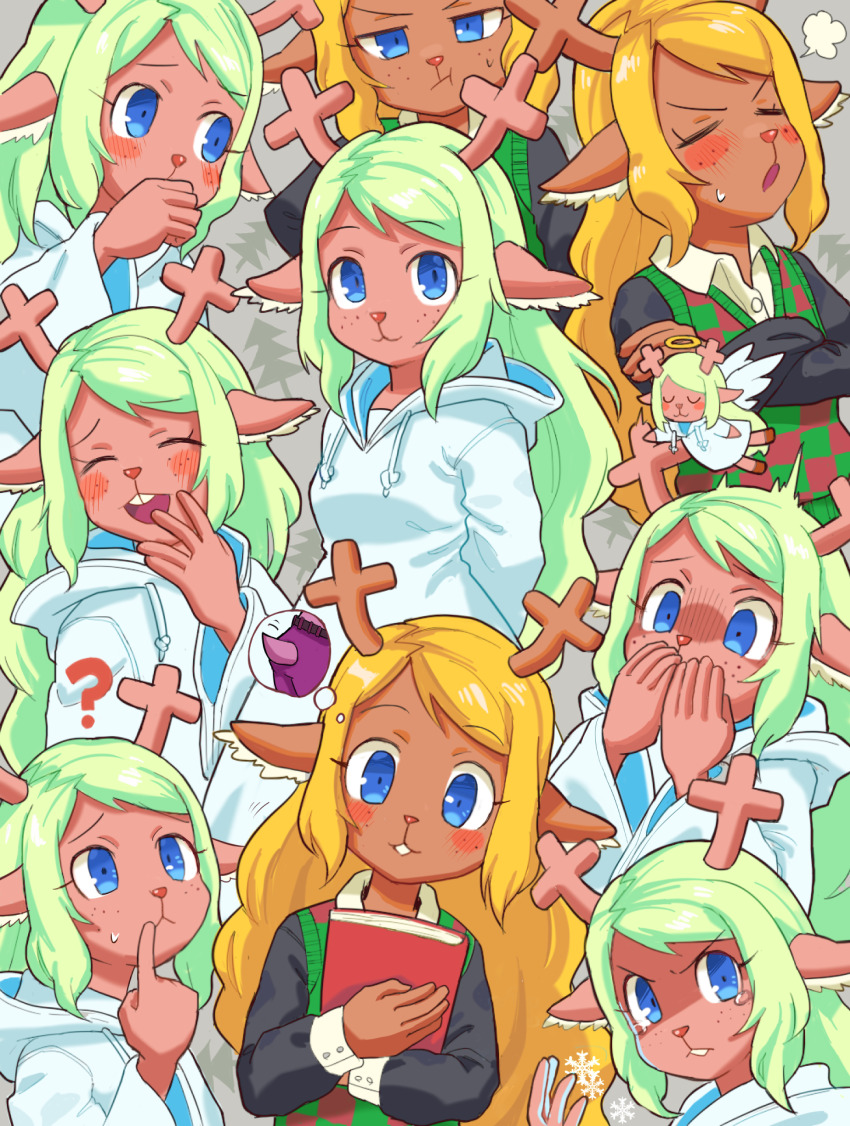 1girl :3 :t ? amber_graygamma animal_ears antlers blonde_hair blue_eyes blush book closed_eyes covered_mouth covering_own_mouth crossed_arms deer_antlers deer_ears deer_girl deltarune drawstring freckles furry furry_female highres holding holding_book hood hood_down hoodie horns index_finger_raised long_hair looking_at_viewer multiple_expressions multiple_views noelle_holiday noelle_holiday_(dark_world) open_mouth pout smile speech_bubble sweatdrop tearing_up tears thought_bubble white_hoodie