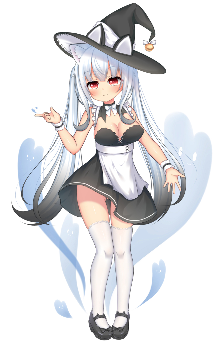 1girl absurdres animal_ear_fluff animal_ears apron bare_shoulders bell black_dress black_hair black_panties black_shoes blush bow breasts cat_ears cleavage closed_mouth detached_collar dress frilled_apron frills full_body gluteal_fold gradient_hair grey_hair hand_up hat hat_bow heart highres jingle_bell large_breasts long_hair looking_at_viewer mary_janes maya_(vrchat) medium_breasts multicolored_hair no_panties oppai_loli panties partially_visible_vulva pigeon-toed pleated_dress red_eyes satellite_(kxga5337) shoes simple_background sleeveless sleeveless_dress smile solo standing strapless strapless_dress thigh_gap thighhighs twintails underwear very_long_hair vrchat waist_apron white_apron white_background white_bow white_hair white_thighhighs witch_hat wrist_cuffs