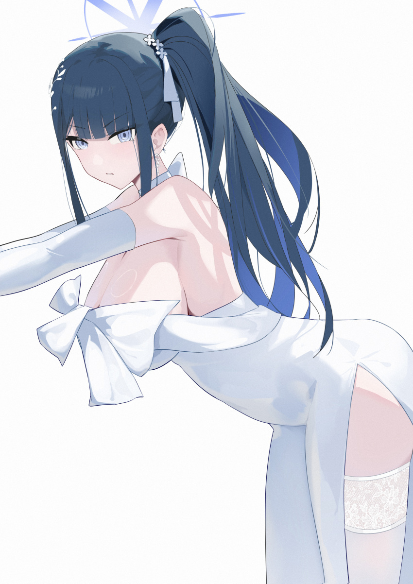 1girl absurdres black_hair blue_archive blue_hair blunt_bangs breasts dress elbow_gloves gloves halo highres large_breasts leaning_forward lilin_(pixiv_25958194) long_hair looking_at_viewer multicolored_hair official_alternate_costume ponytail saori_(blue_archive) saori_(dress)_(blue_archive) sideboob sidelocks simple_background solo strapless strapless_dress thighhighs two-tone_hair very_long_hair white_background white_dress white_gloves white_thighhighs