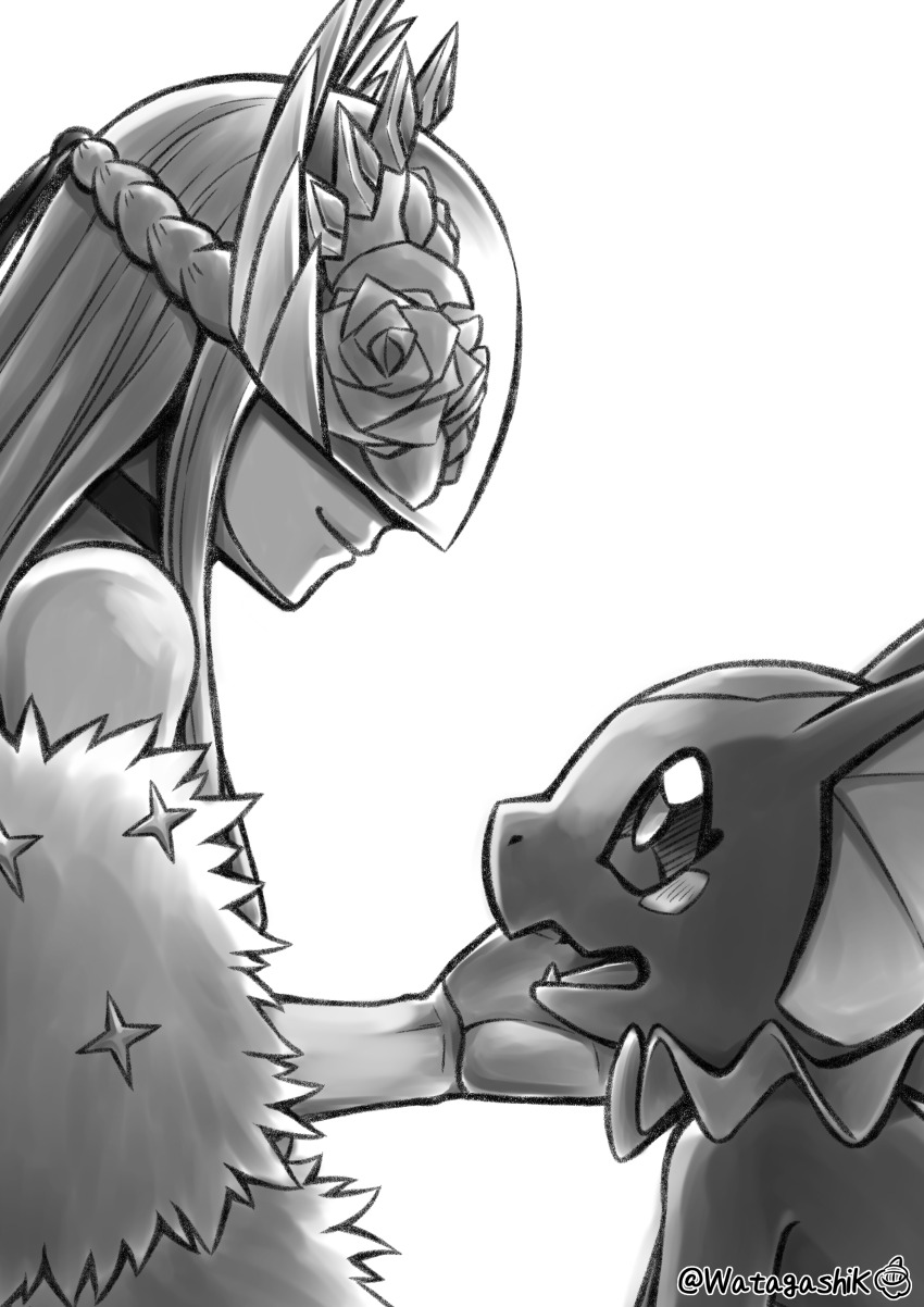 absurdres cendrillmon digimon digimon_(creature) digimon_liberator elizamon fang flower highres long_hair looking_at_another mask watagashikn
