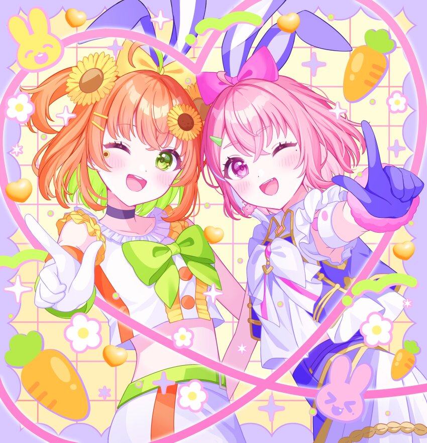 2girls ;d absurdres ahoge animal_ears belt black_choker blush border bow bowtie bracelet carrot center_frills choker collarbone colored_inner_hair commentary crop_top crossed_bangs earrings eyelashes facial_mark fake_animal_ears fang flower flower_facial_mark flower_symbol frilled_shirt frills gloves gold_trim green_belt green_bow green_bowtie green_eyes green_hair grid_background hair_between_eyes hair_bow hair_flower hair_ornament hairclip heart highres honma_himawari idol idol_clothes jewelry looking_at_viewer medium_hair multicolored_hair multiple_girls nijisanji one_eye_closed one_side_up open_mouth orange_hair outside_border outstretched_arm parted_bangs pink_bow pink_eyes pink_hair pleated_skirt ponigiri12 purple_border purple_gloves purple_shirt purple_skirt rabbit_ears sasaki_saku shirt short_eyebrows short_hair single_earring skirt sleeveless sleeveless_shirt smile sparkle streaked_hair sunflower symbol-only_commentary teeth two-tone_shirt two-tone_skirt upper_teeth_only virtual_youtuber white_bow white_bowtie white_gloves white_hair white_shirt white_skirt yellow_background yellow_bow yellow_flower