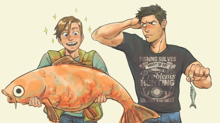 2boys animal blonde_hair blue_eyes brown_hair clothes_writing cowboy_shot dean_winchester english_text fish fluffsnake green_eyes happy highres holding holding_animal holding_fish jack_kline looking_at_another male_focus mature_male multiple_boys print_shirt shirt shirt_writing short_hair simple_background smile sparkle sparkling_aura supernatural_(tv_series) sweatdrop tooth_gap