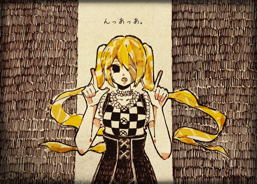 1girl absurdres asagi_kino bandage_over_one_eye black_dress black_eyes blank_eyes blonde_hair buttons checkered_clothes checkered_dress choker collarbone commentary_request cross-laced_clothes cross-laced_dress dress floating_hair frilled_choker frilled_dress frills hands_up hatsune_miku highres long_hair masking_tape_(medium) mixed_media n-aa-aa._(vocaloid) open_mouth pointing pointing_up short_sleeves sidelocks solo song_name spot_color teeth traditional_media twintails unconventional_media upper_body upper_teeth_only very_long_hair vocaloid white_choker white_dress
