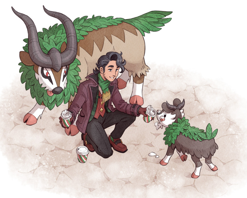 1boy black_hair brown_footwear cappuccino cup disposable_cup effie_lealand gen_6_pokemon goat_horns gogoat green_scarf horns kneeling looking_at_another male_focus nintendo official_alternate_costume pokemon pokemon_(creature) pokemon_masters_ex professor_sycamore professor_sycamore_(holiday_2023) red_eyes scarf skiddo smile