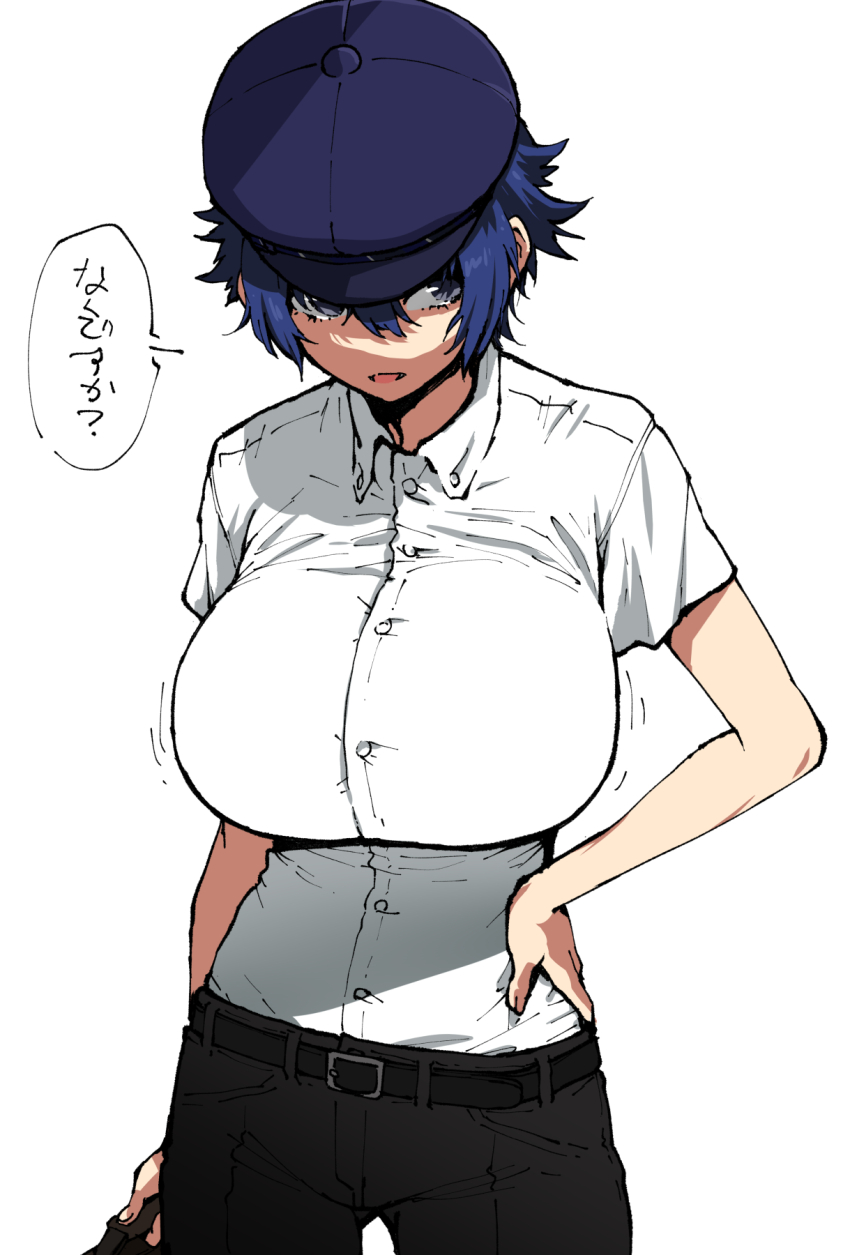 1girl alternate_breast_size black_pants blue_hair blue_hat breasts cowboy_shot hands_on_own_hips hat henriiku_(ahemaru) highres huge_breasts large_breasts newsboy_cap pants persona persona_4 shirogane_naoto shirt short_hair solo white_background white_shirt