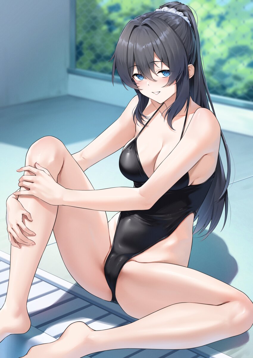 1girl absurdres barefoot black_hair black_one-piece_swimsuit blue_eyes breasts cleavage commentary_request commission hair_between_eyes hair_ornament hair_scrunchie henria highleg highleg_one-piece_swimsuit highres holding_own_leg knee_up large_breasts long_hair one-piece_swimsuit original ponytail scrunchie skeb_commission smile solo spaghetti_strap swimsuit thighs white_scrunchie