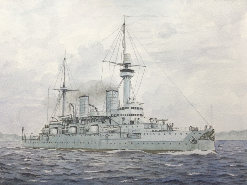 atelier_bono battleship cannon flag highres imperial_german_navy kaiser_friedrich_iii_(battleship) mast military_vehicle no_humans ocean original painting_(medium) ship ship_turret sky smokestack traditional_media vehicle_focus warship watercolor_(medium) watercraft