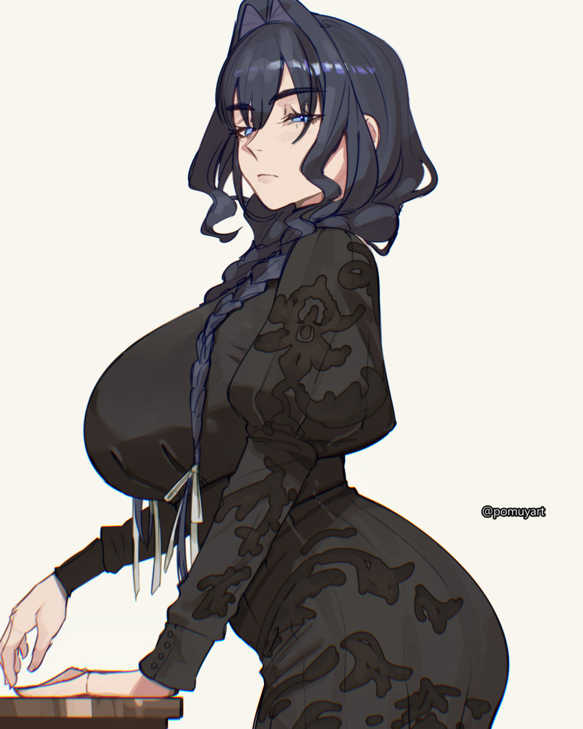 1girl black_dress blue_eyes blue_hair braid breasts commentary dress embroidered_dress embroidery english_commentary expressionless fanged_bangs from_side hair_intakes hair_over_shoulder highres hololive hololive_english huge_breasts juliet_sleeves long_dress long_hair long_sleeves looking_at_viewer low_twin_braids official_alternate_costume official_alternate_hairstyle ouro_kronii ouro_kronii_(maid) pomuya puffy_sleeves simple_background solo twin_braids virtual_youtuber white_background