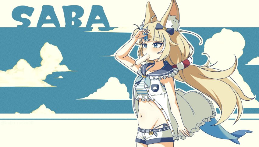 1girl absurdres ahoge animal_ears arm_up bikini blonde_hair blue_bikini blue_bow blue_eyes blue_hair blue_sky bow breasts cat_ears character_name cloud commentary dress fins fish_girl fish_tail food food_in_mouth hair_bow highres indie_virtual_youtuber kaiju_ryoku lifebuoy_hair_ornament long_hair low_twintails mouth_hold multicolored_hair one_side_up open_clothes open_dress popsicle popsicle_in_mouth sameko_saba short_shorts shorts sky sleeveless sleeveless_dress small_breasts streaked_hair striped_bikini striped_clothes swimsuit symbol-only_commentary tail twintails virtual_youtuber white_dress white_shorts