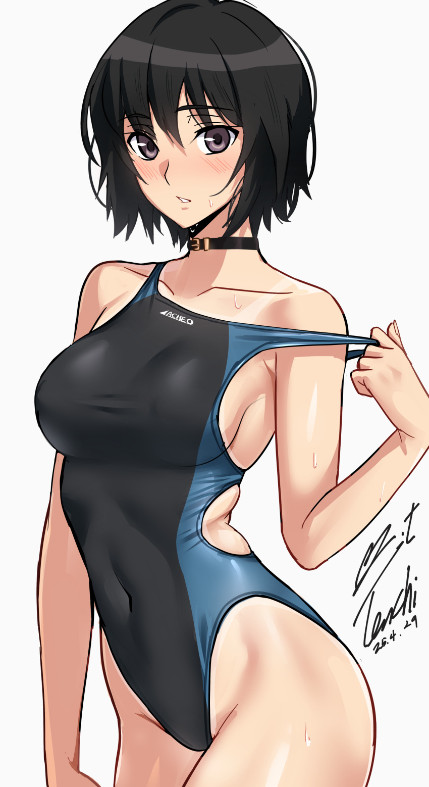 1girl absurdres amagami bare_arms bare_shoulders belt belt_collar black_belt black_eyes black_hair black_one-piece_swimsuit blue_one-piece_swimsuit blush breasts clothes_pull collar commentary competition_swimsuit covered_navel cowboy_shot dated hair_between_eyes highleg highleg_one-piece_swimsuit highres large_breasts looking_at_viewer nanasaki_ai one-piece_swimsuit one-piece_swimsuit_pull one-piece_tan parted_lips pulling_own_clothes shiny_skin short_hair signature simple_background solo standing sweat swimsuit tan tanline teeth two-tone_one-piece_swimsuit white_background yoo_tenchi