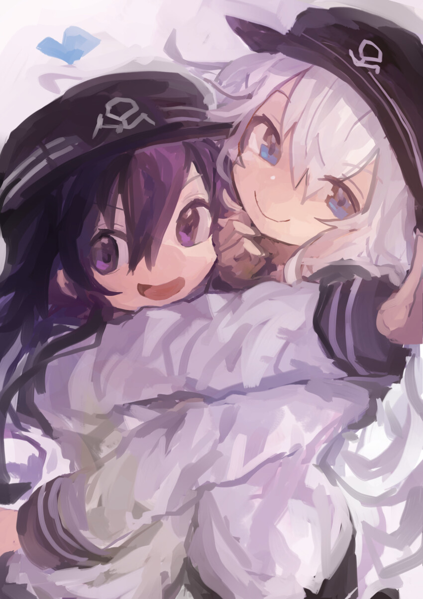2girls absurdres akatsuki_(kancolle) anchor_symbol black_hat blue_eyes commentary flat_cap hair_between_eyes hat heart hibiki_(kancolle) highres kaamin_(mariarose753) kantai_collection long_hair long_sleeves looking_at_viewer multiple_girls open_mouth purple_eyes purple_hair sailor_collar school_uniform serafuku smile