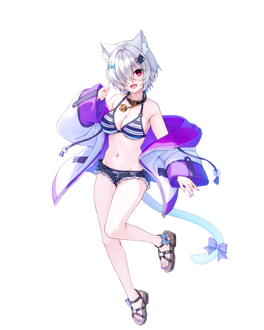 1girl :d absurdres animal_ear_fluff animal_ears bell bikini bow breasts cat_ears cat_hair_ornament cat_tail cleavage grey_hair hair_ornament hair_over_one_eye hasumi_(hasubatake39) highres jacket kuon_(hasumi_(hasubatake39)) long_sleeves medium_breasts micro_shorts neck_bell open_clothes open_jacket open_mouth original purple_nails red_eyes sandals short_hair shorts smile solo striped_bikini striped_clothes swimsuit tail tail_bow tail_ornament