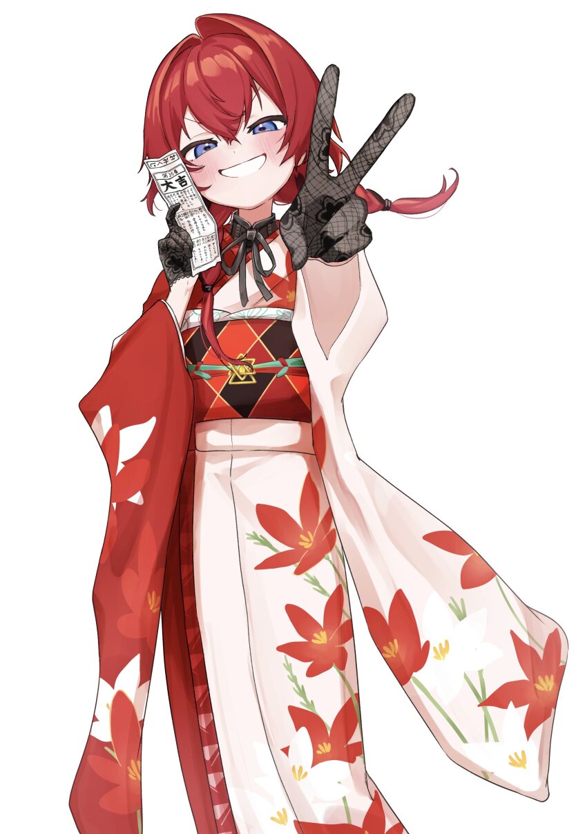 1girl 3znk absurdres ange_katrina ange_katrina_(new_year) black_gloves black_hair black_sash blue_eyes blush braid crossed_bangs dot_nose feet_out_of_frame flat_chest floral_print floral_print_gloves floral_print_kimono furisode gloves grin hair_intakes half-closed_eyes hands_up hashtag-only_commentary highres holding_omikuji japanese_clothes kimono lace lace_gloves long_bangs long_hair long_sleeves low_twin_braids multicolored_hair multicolored_sash nijisanji obi obiage obijime omikuji orange_sash outstretched_arm print_kimono red_hair red_kimono red_sash sash simple_background smile solo standing standing_on_one_leg straight-on streaked_hair twin_braids two-tone_hair v virtual_youtuber white_background white_kimono