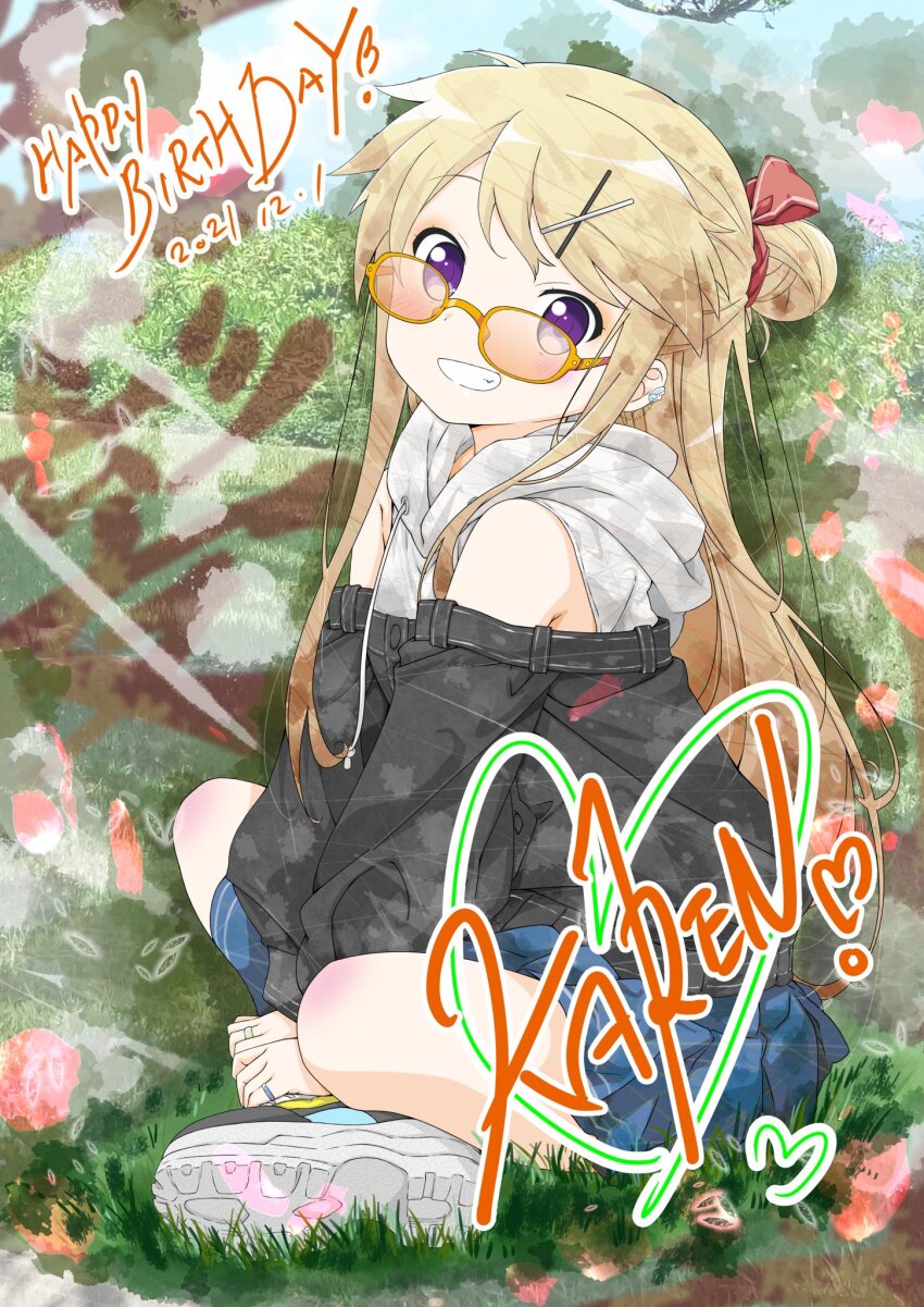 1girl :d arm_support armpit_crease black_jacket blonde_hair blue_skirt blue_socks bow breasts buttons character_name dated detached_sleeves earrings english_text falling_petals from_side glasses grass grey_eyes grey_hoodie grey_jacket grin hair_bun hair_ornament hairclip happy_birthday heart highres hood hood_down hoodie jacket jewelry kin-iro_mosaic knee_blush koseki_masaru kujou_karen light_blush long_hair looking_at_viewer medium_breasts messy_hair multiple_rings off-shoulder_jacket off_shoulder official_alternate_costume official_art open_mouth orange-framed_eyewear orange-tinted_eyewear outdoors parted_lips petals plant pleated_skirt pose_request purple_eyes red_bow ring school_uniform shoes sitting skirt sleeveless sleeveless_hoodie smile sneakers socks solo teeth tinted_eyewear very_long_hair white_hoodie x_hair_ornament