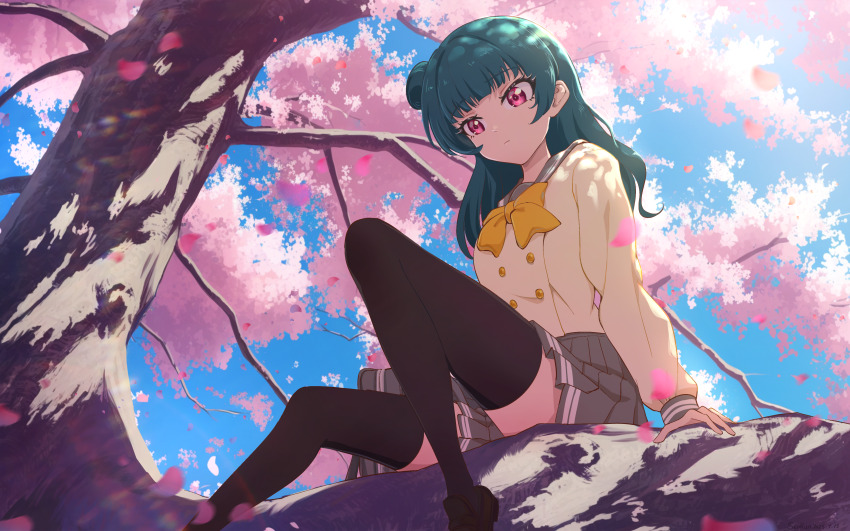 1girl absurdres bag black_thighhighs blue_hair blue_sky brown_shirt brown_shoes cherry_blossoms commentary_request grey_sailor_collar grey_skirt hair_bun highres in_tree long_hair long_sleeves love_live! love_live!_sunshine!! neck_ribbon outdoors pink_eyes pink_petals ribbon sailor_collar school_bag school_uniform senkun shirt shoes single_hair_bun sitting sitting_in_tree skirt sky solo thighhighs tree tsushima_yoshiko uranohoshi_school_uniform yellow_ribbon