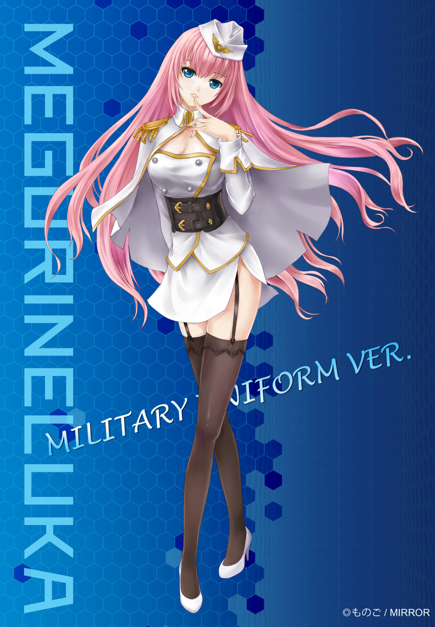1girl absurdres alternate_costume arm_behind_back black_thighhighs blue_background blue_eyes breasts cape character_name cleavage english_text epaulettes female_focus finger_to_mouth full_body garter_straps gradient_background hat head_tilt high_heels highres honeycomb_(pattern) honeycomb_background honeycomb_pattern long_hair long_sleeves looking_at_viewer megurine_luka military military_uniform monogo parted_lips pencil_skirt pink_hair side_slit skirt smile solo standing thighhighs vocaloid white_footwear white_hat white_skirt