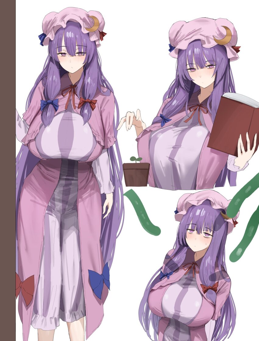 1girl 258n :o bags_under_eyes book breasts closed_mouth crescent crescent_hat_ornament dress expressionless hair_ribbon hat hat_ornament highres holding holding_book huge_breasts long_hair long_sleeves looking_at_viewer mob_cap open_book patchouli_knowledge pink_robe plant potted_plant purple_dress purple_eyes purple_hair ribbon robe solo striped_clothes striped_dress tentacles touhou variations very_long_hair white_background