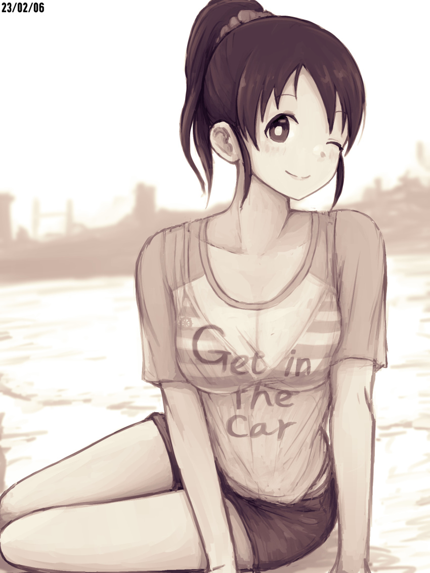 1girl ;) bikini bikini_under_clothes blush bra_visible_through_clothes breasts bright_pupils cleavage collarbone dated hair_ornament hair_scrunchie harada_miyo highres idolmaster idolmaster_cinderella_girls koitusmile looking_at_viewer medium_breasts monochrome one_eye_closed outdoors ponytail scrunchie see-through_clothes see-through_shirt sepia short_shorts shorts sitting smile solo striped_bikini striped_clothes swimsuit yokozuwari