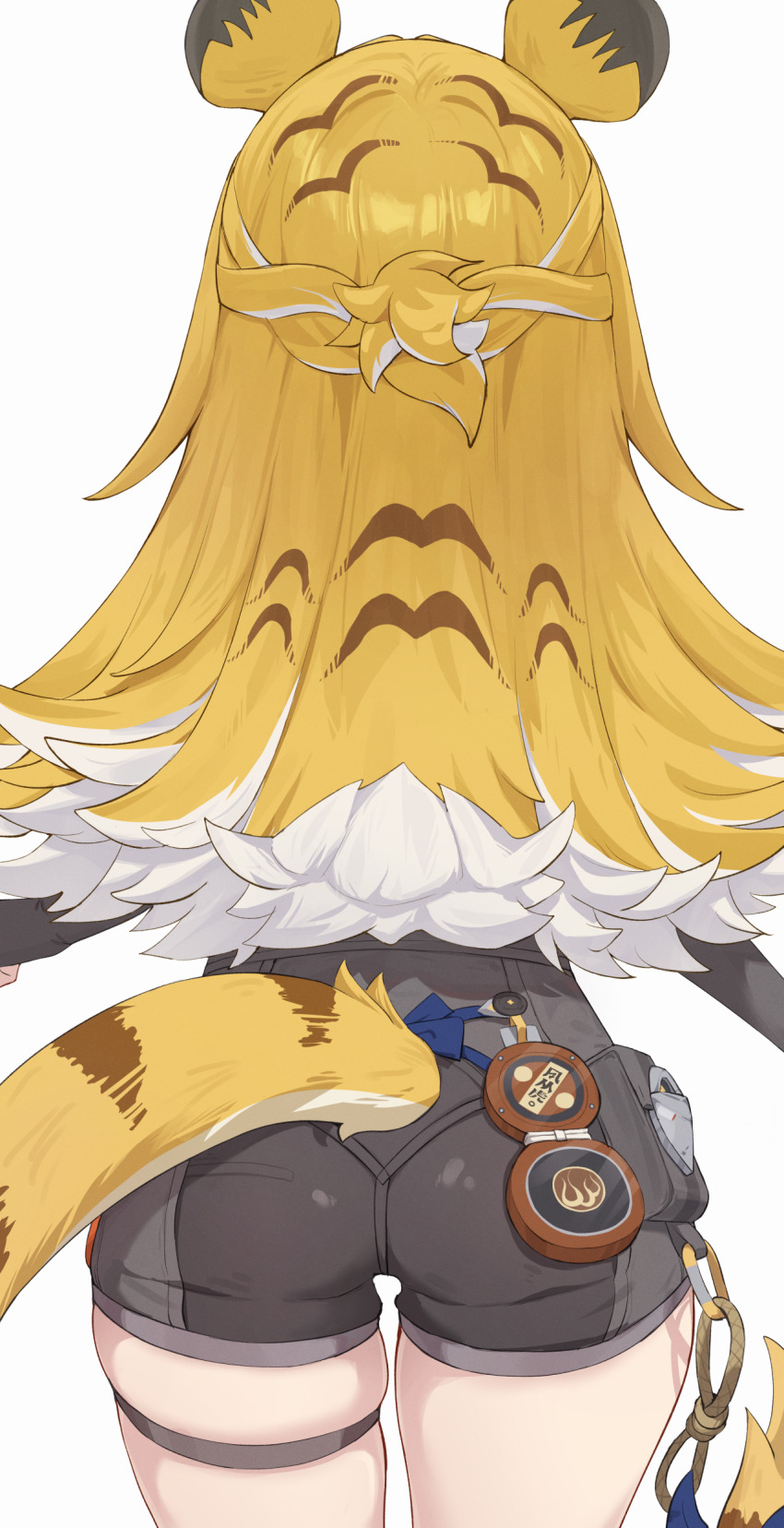 1girl absurdres animal_ears ass bitseon black_shorts blonde_hair from_behind highres ju_fufu long_hair multicolored_hair shorts simple_background solo tail thigh_strap tiger_ears tiger_girl tiger_tail two-tone_hair white_background white_hair zenless_zone_zero