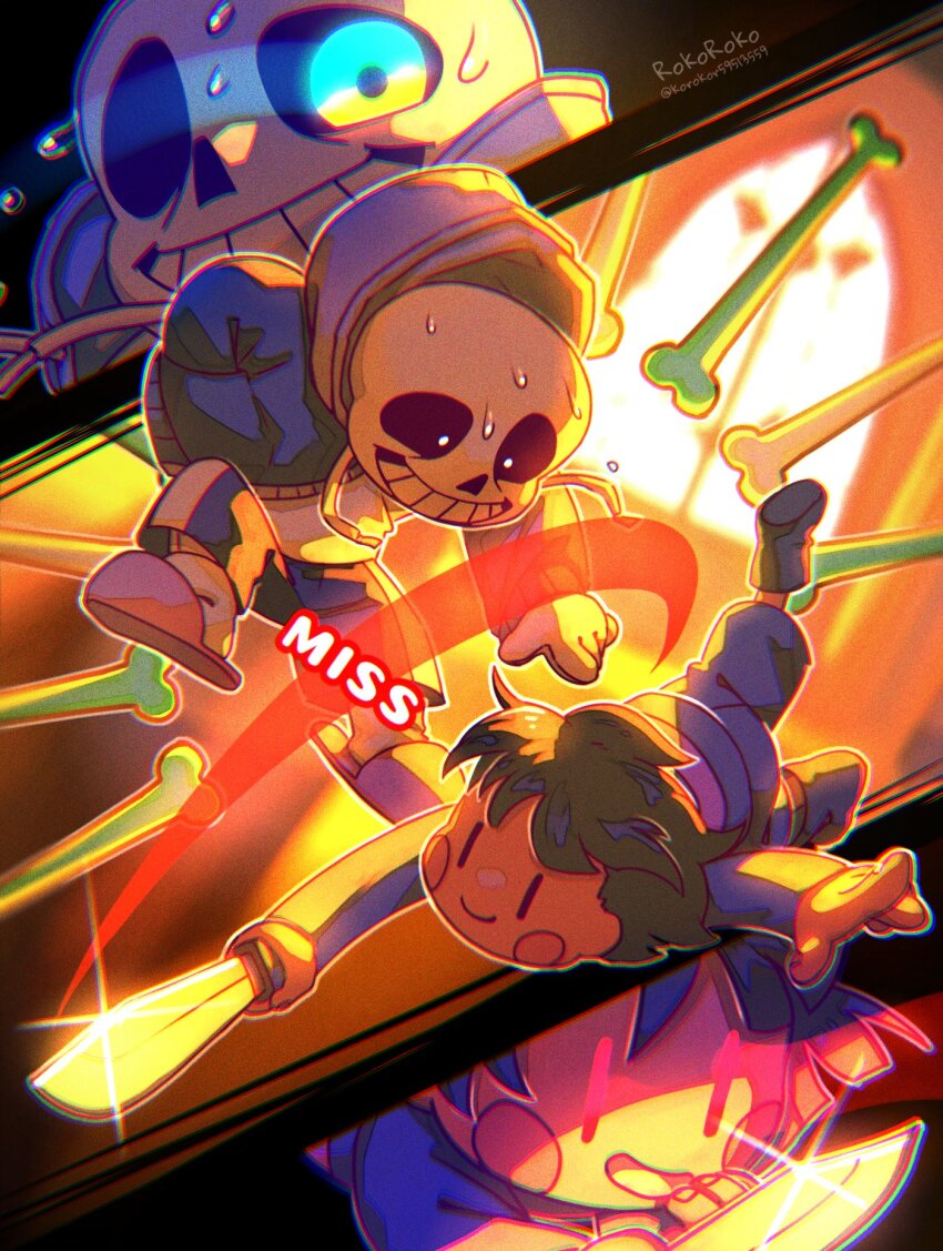 1boy 1other artist_name black_hair black_shorts blue_jacket blue_shirt blue_shorts bone chara_(undertale) child evil_smile fighting_stance glowing glowing_eye highres holding holding_knife holding_weapon hood hood_down hooded_jacket jacket knife korokor59513559 nervous_sweating open_clothes open_jacket sans_(undertale) shirt short_hair shorts skeleton slippers smile sweat teeth twitter_username undertale weapon white_shirt