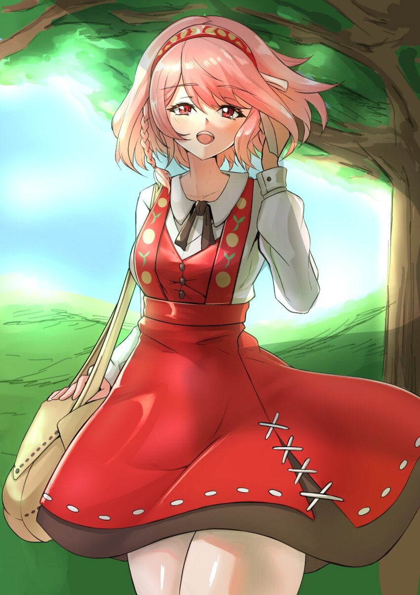 1girl braid deekei fire_emblem fire_emblem_engage grey_hairband hair_ribbon hairband highres lapis_(fire_emblem) looking_at_viewer nintendo pink_eyes pink_hair red_hairband ribbon shirt_under_dress side_braid solo two-tone_hairband white_ribbon