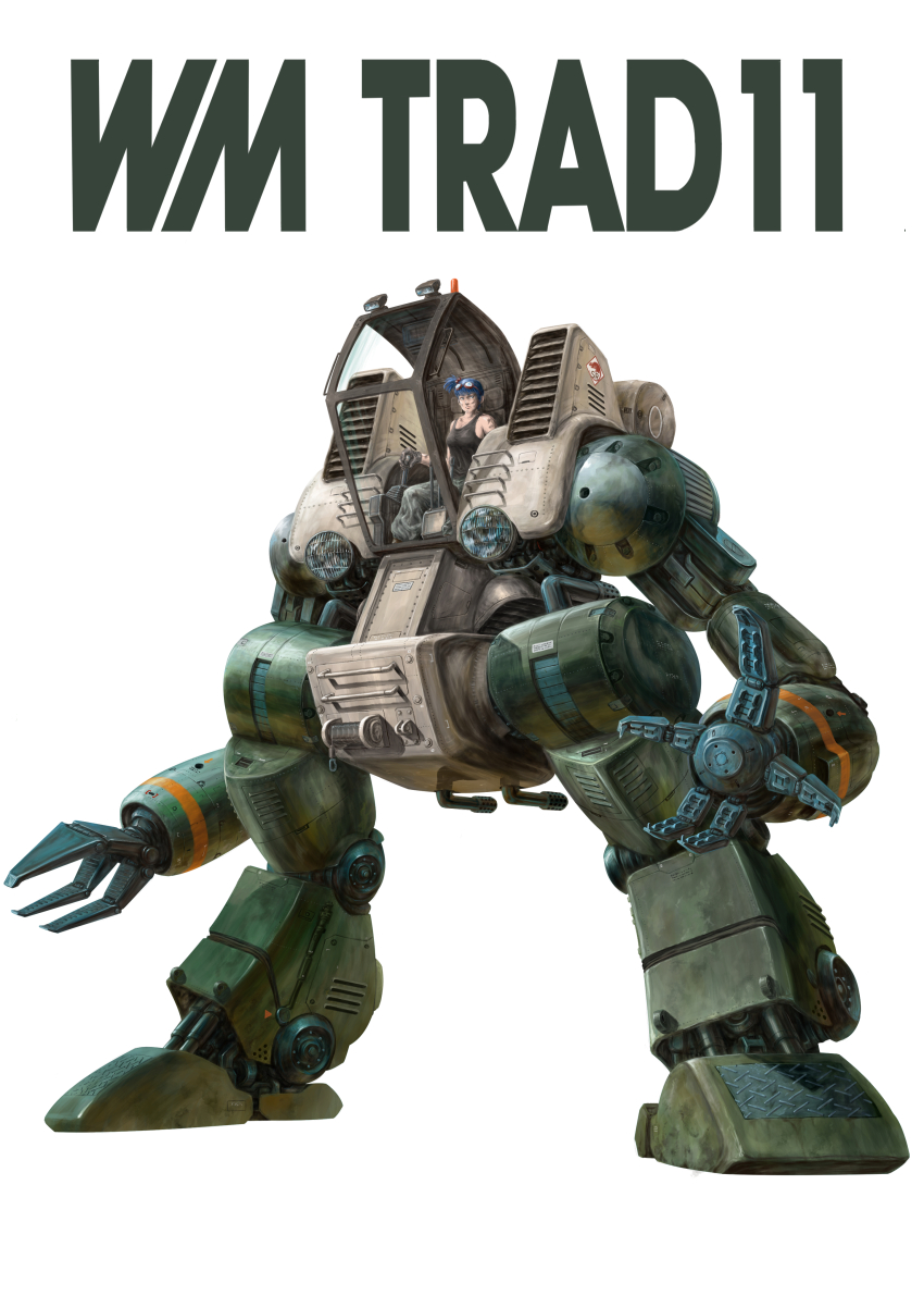 1girl absurdres blue_hair breasts character_name claws commentary_request damaged dirty english_text goggles highres lights looking_at_viewer machinery mecha medium_breasts pilot rag_uralo realistic robot science_fiction sentou_mecha_xabungle simple_background solo tank_top trad_11_type walking_machine white_background zandan_zero_to_na!?