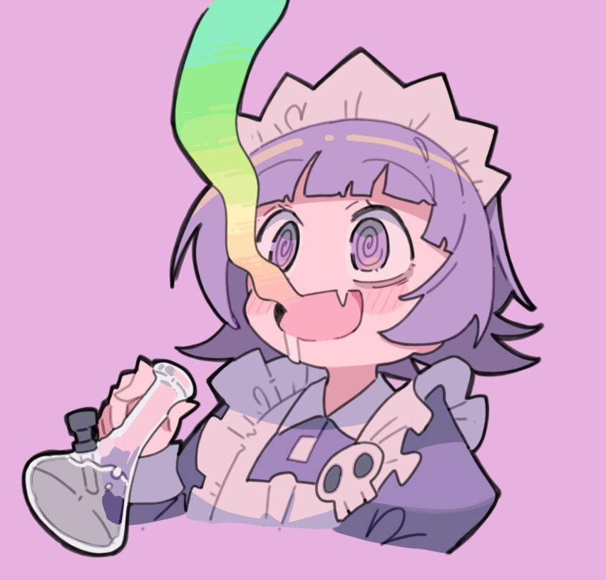 1girl @_@ apron bags_under_eyes colored_smoke cropped_torso drooling drugs erlenmeyer_flask fang flask highres holding holding_flask juliet_sleeves long_sleeves maid_apron maid_headdress open_mouth original puffy_sleeves purple_background purple_hair shimazaki1152 skin_fang skull_brooch smoke smoke_from_mouth solo upper_body