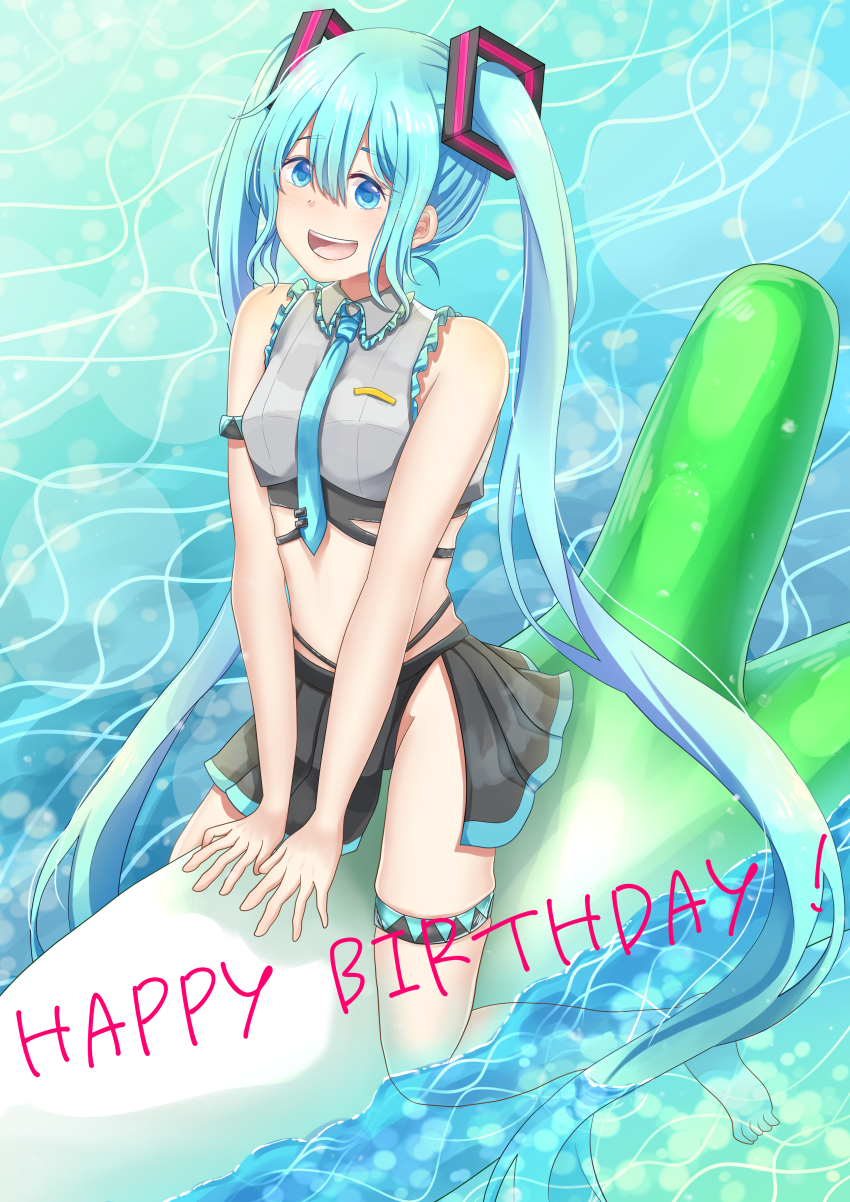 1girl absurdly_long_hair absurdres anniversary aqua_eyes aqua_hair aqua_neckwear artist_name artist_request bare_legs bare_shoulders black_skirt blue_eyes blue_hair blue_neckwear blush breasts collared_shirt feet female_focus grey_shirt hatsune_miku highres ievan_polkka_(vocaloid) long_hair maro3951 medium_breasts nanonikuru ocean parted_lips shirt skirt smile solo spring_onion twintails very_long_hair vocaloid