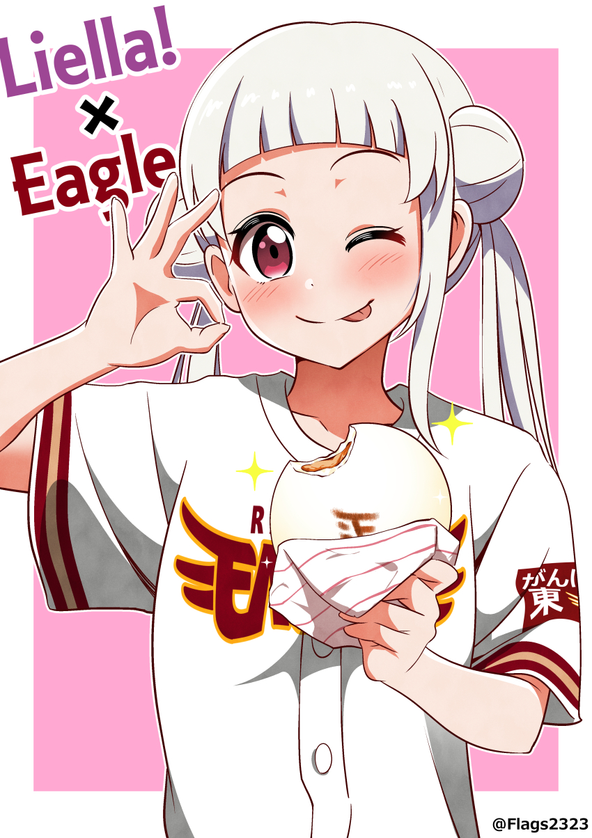 1girl ;p absurdres arashi_chisato steamed_bun baseball_jersey blunt_bangs blush border collarbone commentary_request double_bun food group_name hair_bun highres holding holding_food jersey looking_at_viewer love_live! love_live!_superstar!! medium_hair nippon_professional_baseball ok_sign one_eye_closed outside_border pakudehon pink_background red_eyes shirt short_sleeves single_sidelock solo sparkle standing tongue tongue_out touhoku_rakuten_golden_eagles twintails upper_body white_border white_hair white_shirt