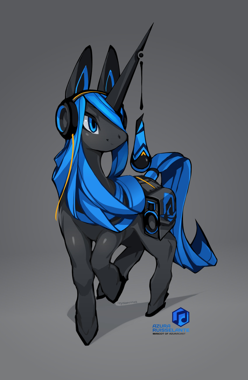 1girl absurdres animal animal_ears azura_ruisselante blue_eyes blue_hair chinese_commentary closed_mouth colored_eyelashes commentary digitigrade english_commentary full_body furry furry_female headphones highres hooves horse horse_ears horse_girl krita_(medium) long_hair mane mascot microphone my_little_pony my_little_pony:_friendship_is_magic original simple_background speaker spirit_animals_in_disguise three_quarter_view tsurime tyson_tan unicorn unicorn_horn