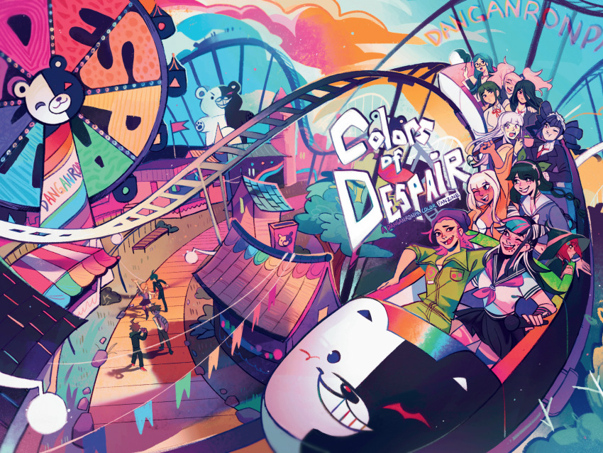 5boys 6+girls ahoge akamatsu_kaede amusement_park arm_up beanie bear_hair_ornament bench black_hair black_hat black_sailor_collar black_skirt blonde_hair blue_hair blue_shirt blush breast_pocket brown_hair celestia_ludenberg chabashira_tenko closed_eyes closed_mouth cloud collared_shirt copyright_name cover cover_page cup danganronpa:_trigger_happy_havoc danganronpa_(series) danganronpa_2:_goodbye_despair danganronpa_v3:_killing_harmony dark-skinned_female dark_skin drill_hair drink dual_persona ear_piercing english_text enoshima_junko eyelashes face_piercing ferris_wheel flag glasses grass green_hair green_ribbon hair_horns hair_ornament hair_over_one_eye hair_ribbon hairband hat highres hinata_hajime holding holding_cup holding_drink holding_microphone holding_paintbrush ikusaba_mukuro in-franchise_crossover jacket jumpsuit kamukura_izuru kirigiri_kyoko long_sleeves microphone mioda_ibuki monokuma mouth_piercing multicolored_hair multiple_boys multiple_girls naegi_makoto neck_ribbon neckerchief non-web_source one_eye_closed open_clothes open_jacket open_mouth paintbrush piercing pink_hair pink_neckerchief pocket purple_eyes purple_hair purple_hairband purple_hat red_eyes red_hair red_ribbon ribbon rock roller_coaster saihara_shuichi sailor_collar shirogane_tsumugi shirt short_hair short_sleeves skirt sky smile sockfinch soda_kazuichi spiked_hair twin_drills white_hair white_sailor_collar white_shirt witch_hat yellow_jacket yellow_jumpsuit yonaga_angie yumeno_himiko