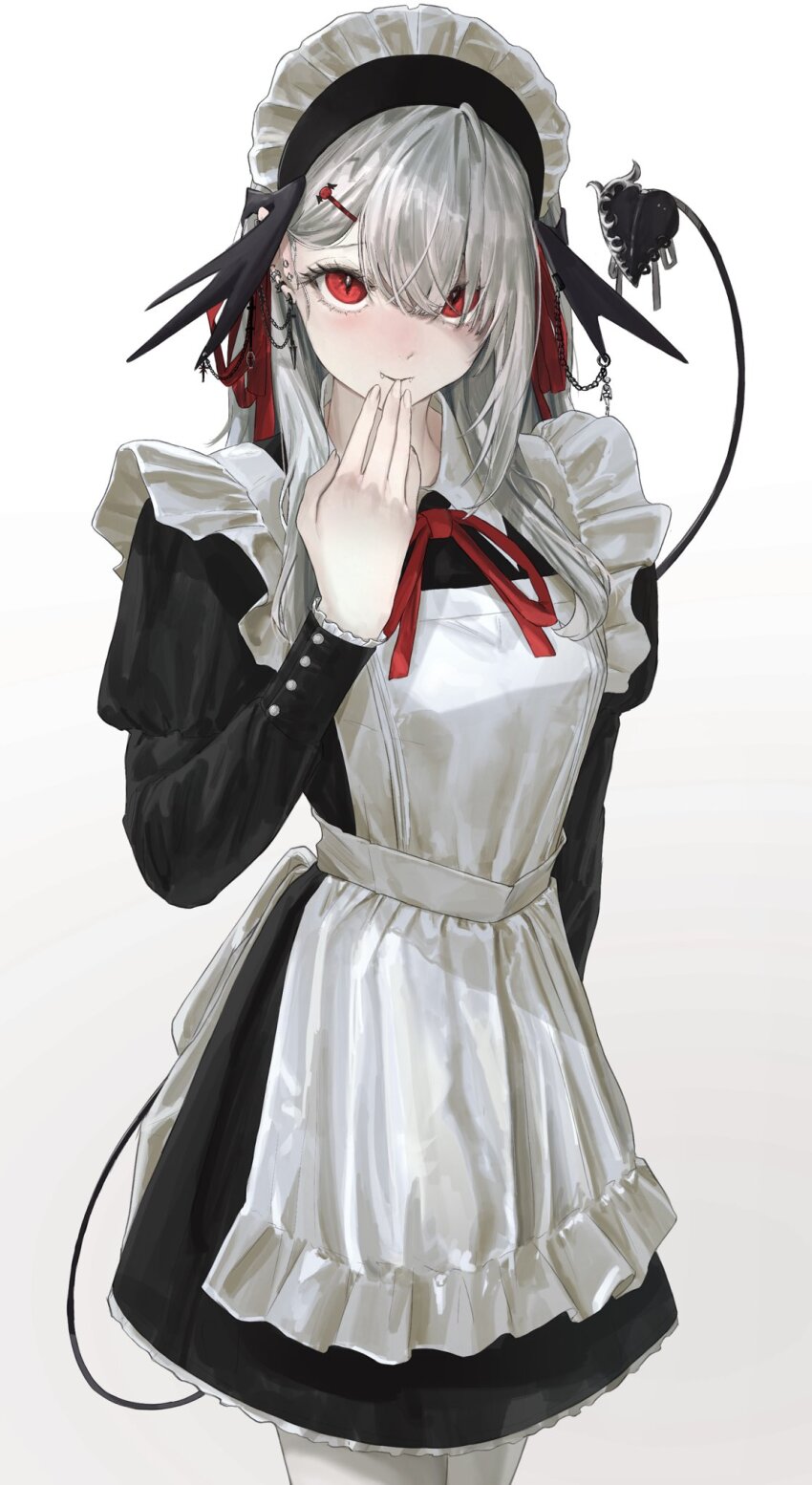 1girl apron arm_behind_back black_dress breasts chain closed_mouth collared_dress commentary cowboy_shot demon_tail dress ear_piercing eyelashes fangs fangs_out fingernails frilled_apron frilled_sleeves frills gradient_background grey_background grey_hair hair_between_eyes hair_ornament hair_ribbon hairclip hand_to_own_mouth hand_up head_wings highres long_bangs long_hair looking_at_viewer maid maid_apron maid_headdress neck_ribbon original pantyhose piercing red_eyes red_ribbon ribbon sawatani_(_swt2) short_dress single_sidelock slit_pupils smile solo swept_bangs tail vampire white_apron white_background white_pantyhose wings