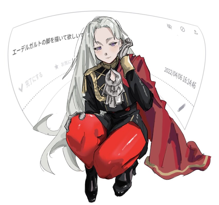 1girl black_shoes capelet center_opening closed_mouth commentary_request edelgard_von_hresvelg fire_emblem fire_emblem:_three_houses garreg_mach_monastery_uniform gloves hair_down hand_on_own_knee hand_up head_tilt highres leaning_to_the_side long_hair long_sleeves looking_down nintendo pantyhose parted_bangs purple_eyes red_capelet red_pantyhose shoes solo squatting tomotenasi_e white_background white_gloves white_hair
