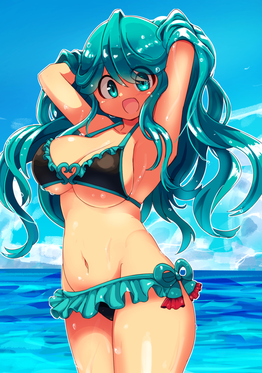1girl arms_behind_head beach bikini blue_eyes blue_hair borokuro breasts day frilled_bikini frills gen_4_pokemon groin halterneck hands_in_own_hair highres large_breasts long_hair looking_at_viewer navel nintendo ocean open_mouth personification pokemon sky smile solo swimsuit tangrowth very_long_hair water_drop wet