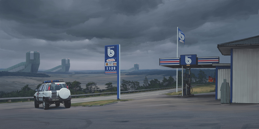 absurdres building car cloud cloudy_sky flag gas_station highres license_plate motor_vehicle no_humans science_fiction simon_stalenhag sky sports_utility_vehicle swedish_machines unconventional_emergency_vehicle_lighting wheel