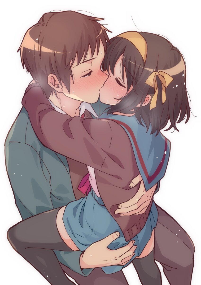 1boy 1girl black_thighhighs blazer blue_sailor_collar blue_skirt blush brown_cardigan brown_eyes brown_hair brown_pants brown_sweater_vest cardigan closed_eyes collared_shirt commentary_request couple facing_another from_side green_jacket hair_ribbon hairband hand_on_another&#039;s_ass hetero highres hug jacket kiss kita_high_school_uniform kyon long_sleeves looking_at_another medium_hair open_cardigan open_clothes open_jacket pants pleated_skirt red_ribbon ribbon sailor_collar school_uniform serafuku shirt short_hair skirt standing suzumiya_haruhi suzumiya_haruhi_no_yuuutsu sweat sweater_vest taiki_(6240taiki) thighhighs white_shirt winter_uniform yellow_hairband yellow_ribbon