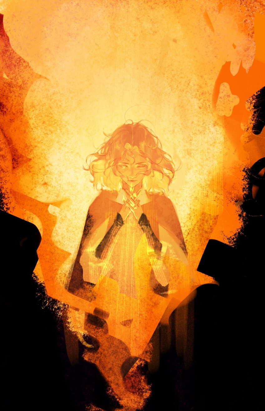 1girl black_background burning cloak elden_ring facial_tattoo fire highres hood hooded_cloak interlocked_fingers medium_hair melina_(elden_ring) one-eyed siyemmm solo tattoo