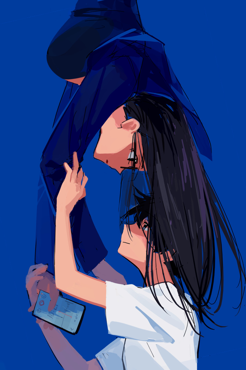 1boy 1girl black_hair blue_background blue_jacket breasts brother_and_sister cellphone closed_mouth eye_contact glasses hand_on_another&#039;s_arm highres holding holding_hands holding_phone jacket large_breasts long_hair long_sleeves looking_at_another minakata_hizuru minakata_ryuunosuke parted_lips phone shirt short_hair short_sleeves siblings simple_background smile summertime_render upper_body upside-down white_shirt woshifeixue