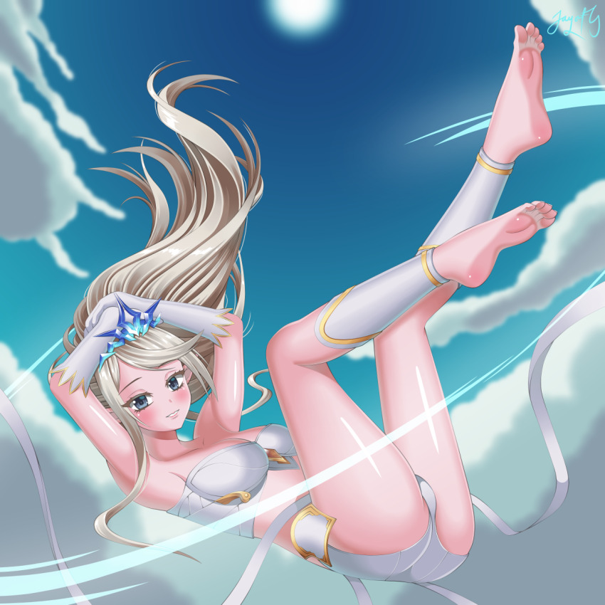 1girl barefoot blue_eyes blush feet highres janna_(league_of_legends) league_of_legends long_hair looking_at_viewer parted_lips sky soles tiara toes