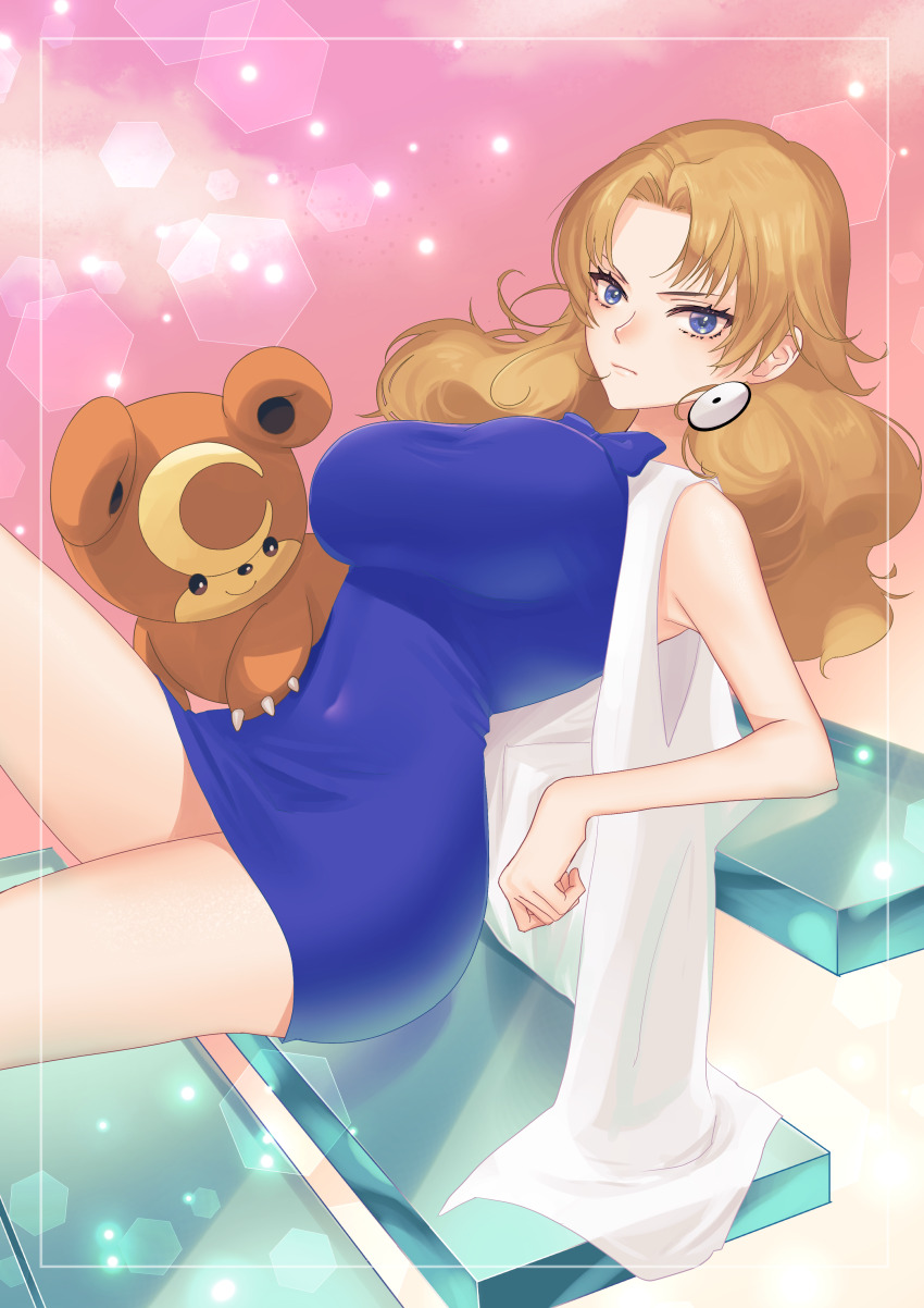1girl absurdres aged_up blue_dress blue_eyes breasts brown_hair dress earrings gen_2_pokemon highres jewelry large_breasts long_hair looking_at_viewer molly_hale nintendo on_stairs parted_bangs pink_background pokemon pokemon_(anime) pokemon_(classic_anime) pokemon_(creature) pokemon_3:_the_movie_-_spell_of_the_unown:_entei short_dress sitting solo teddiursa tight_clothes tight_dress vuipui wavy_hair