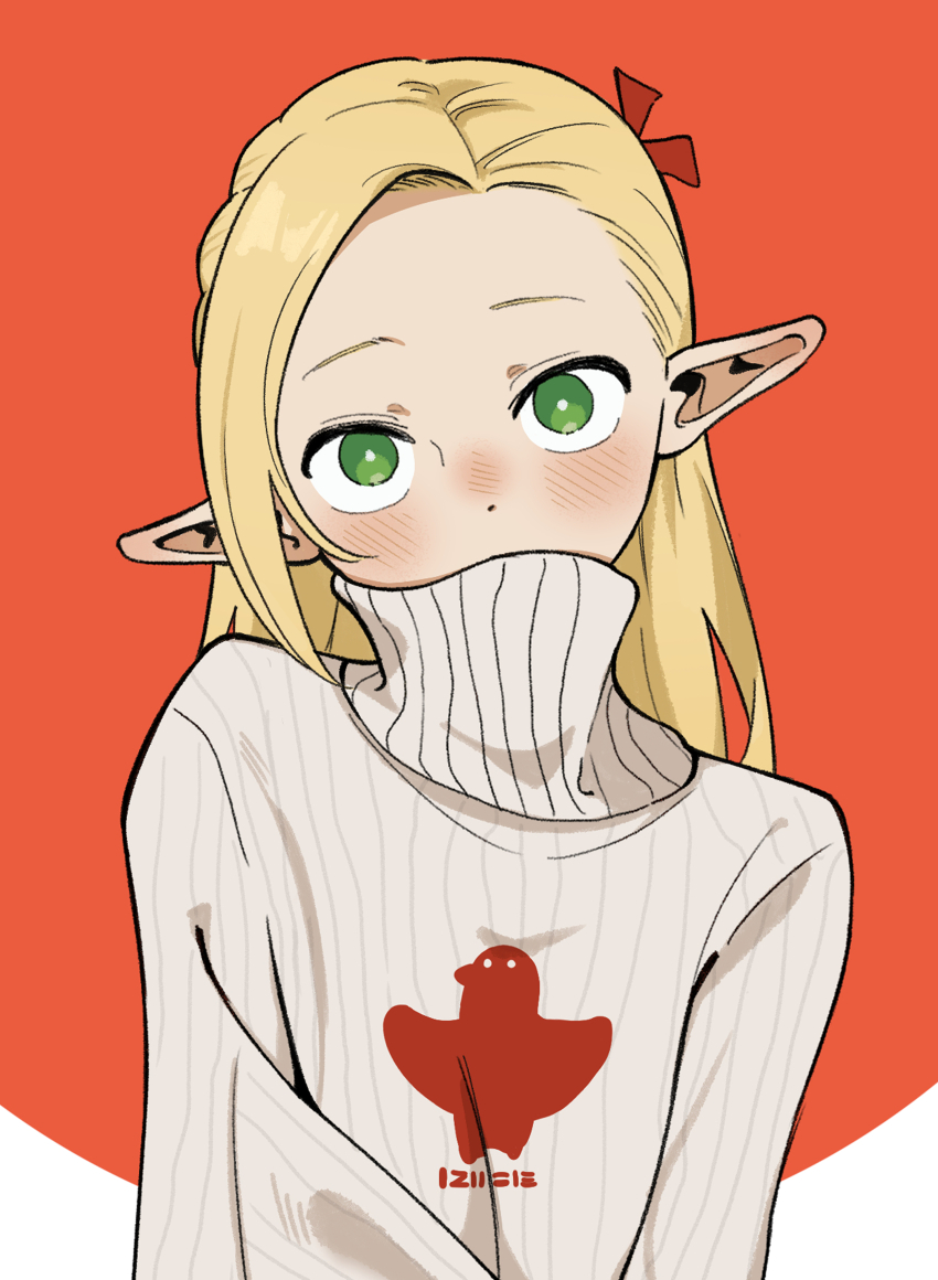 1girl absurdres alternate_costume arms_at_sides blonde_hair blush bright_pupils commentary covered_mouth dot_nose dungeon_meshi elf forehead green_eyes grey_sweater highres long_hair looking_at_viewer marcille_donato nose_blush pash-uwu pointy_ears print_sweater red_background ribbed_sweater solo straight-on sweater turtleneck turtleneck_sweater upper_body white_pupils